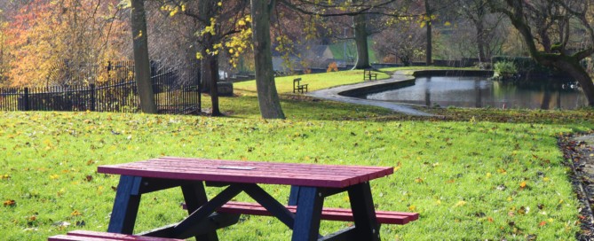 A red and black Denholme picnic table in a Yorkshire park