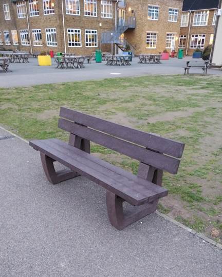 A recycled plastic bench in the grounds of Dartford Grammar School