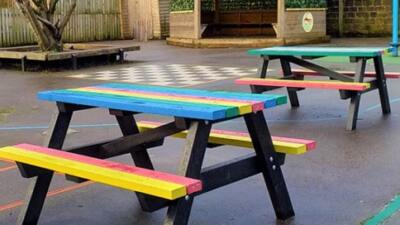 Multicoloured recycled plastic picnic tables for schools, Riverside Junior School in Hebden Bridge