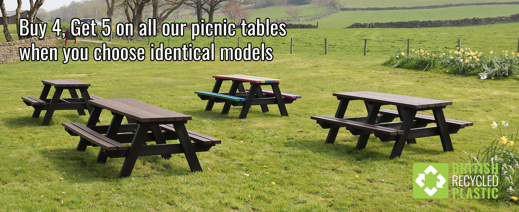 Buy 4 Get 5 on identical recycled plastic picnic table from British Recycled Plastic Buy 4 Get 5 on identical recycled plastic picnic table from British Recycled Plastic
