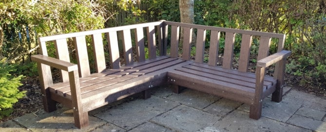 A corner garden seat built as a project out of recycled plastic by one of our customers