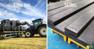 Image showing a tractor and trailer carrying black-wrapped silage bales and a second image of recycled plastic lumber planks stacked in the factory