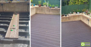 Image collage showing the superstructure of the ddecking under constructions, as well as images of the finished decking project.