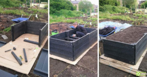 Multiple images showing the stages of building a BRP recycled plastic raised bed.