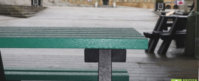 Recycled plastic picnic tables at the Piece Hall in Halifax