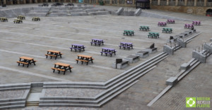 Various Denholme picnic tables at The Piece Hall