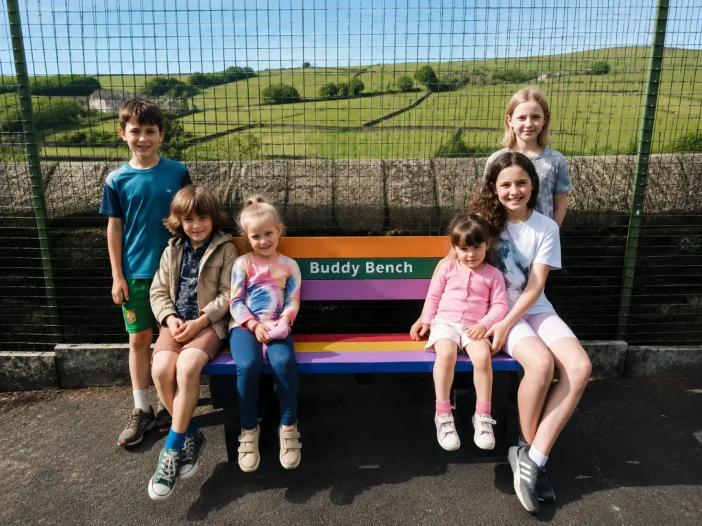 Children sitting on a colourful bench. british recycled plastic