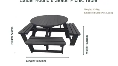 A black Calder Round 8 Seater Picnic Table made from recycled plastic, with size and weight dimensions listed.
