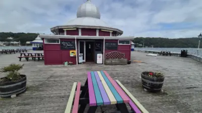 Colourful recycled plastic picnic table on Bangor pier