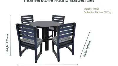 A Featherstone Round Garden Table made from recycled plastic, with size and weight dimensions listed.