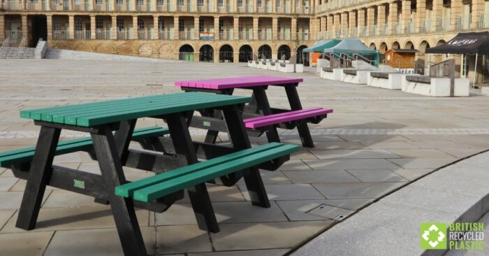Green and purple Denholme recycled plastic picnic tables at the Piece Hall in Halifax