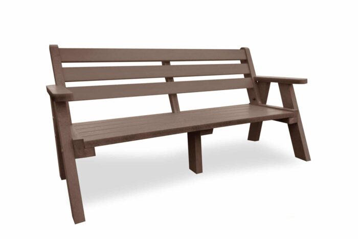The recycled plastic Ilkley sloper bench with armrests in brown