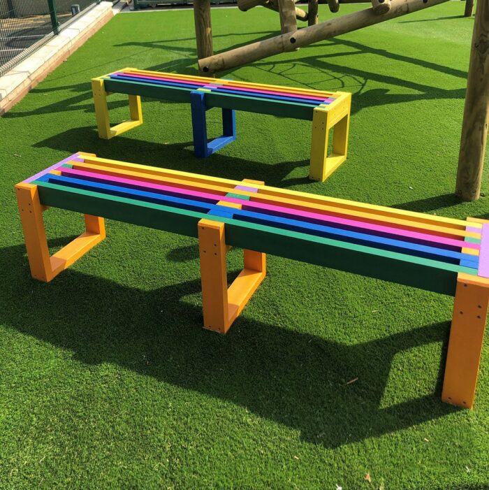 Colourful Skipton benches made from recycled plastic at Mayfield School