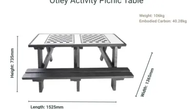 A Otley Activity Picnic Table made from recycled plastic, with size and weight dimensions listed.