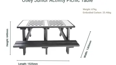 A Otley Junior Activity Picnic Table made from recycled plastic, with size and weight dimensions listed.