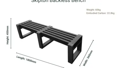 A Skipton Backless Bench made from recycled plastic, with size and weight dimensions listed.