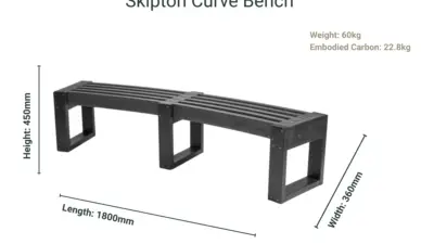 A Skipton Curve Bench made from recycled plastic, with size and weight dimensions listed.