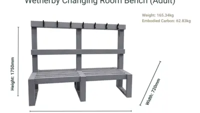 A Wetherby Changing Room Bench with Backrest made from recycled plastic, with size and weight dimensions listed.