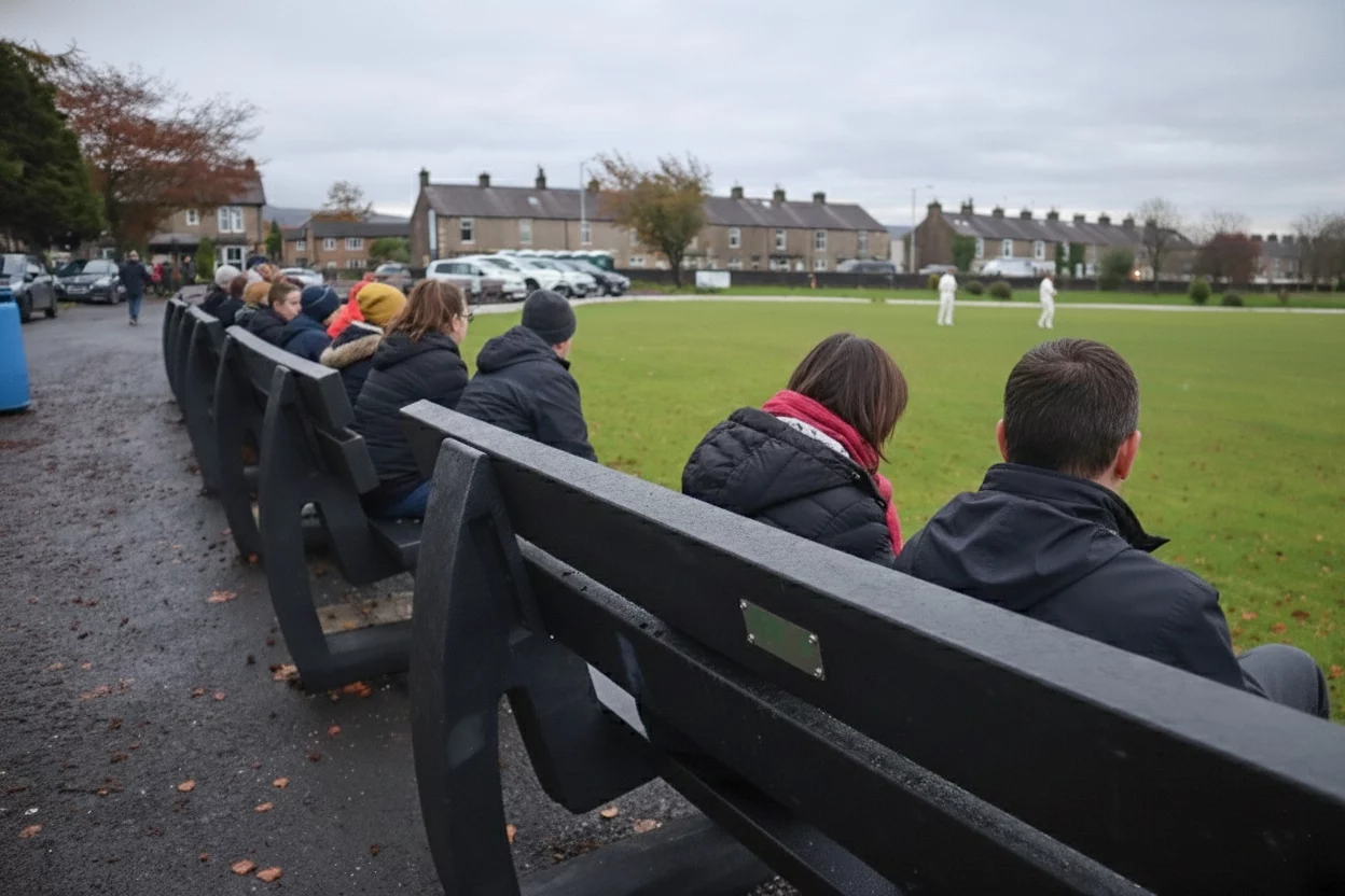 People sat at a sports ground on British Recycled Plastic Harewood Benches