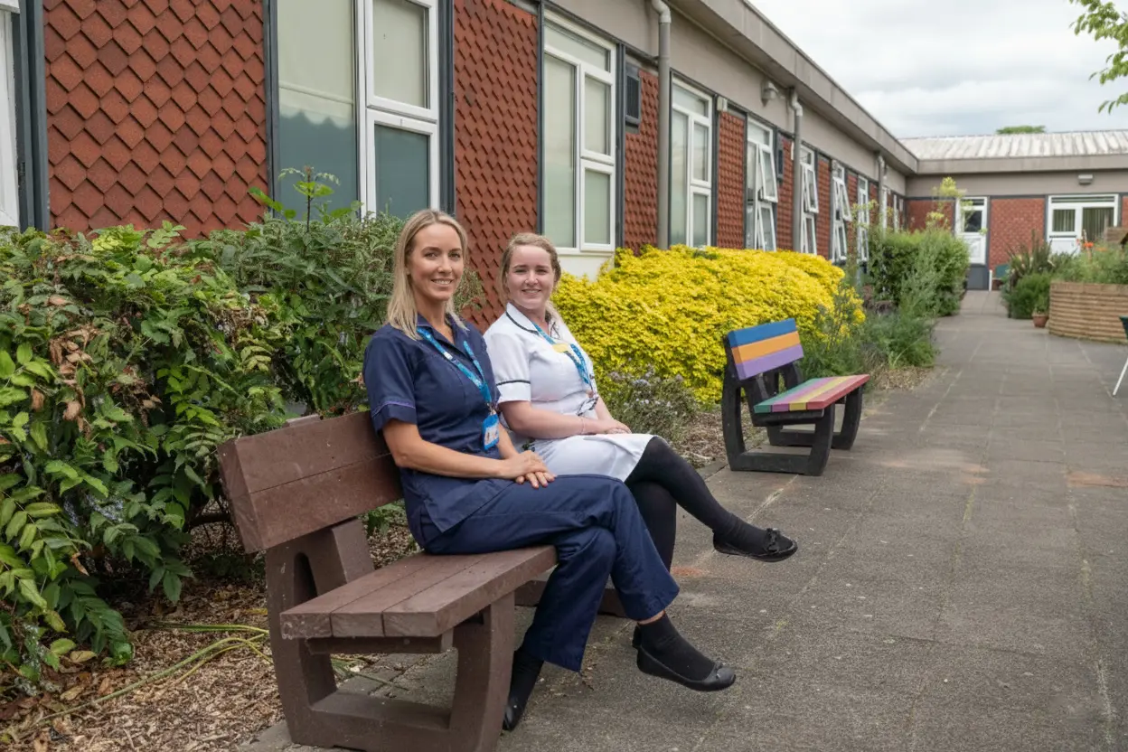 Two nurses sitting on benches outside. British Recycled Plastic