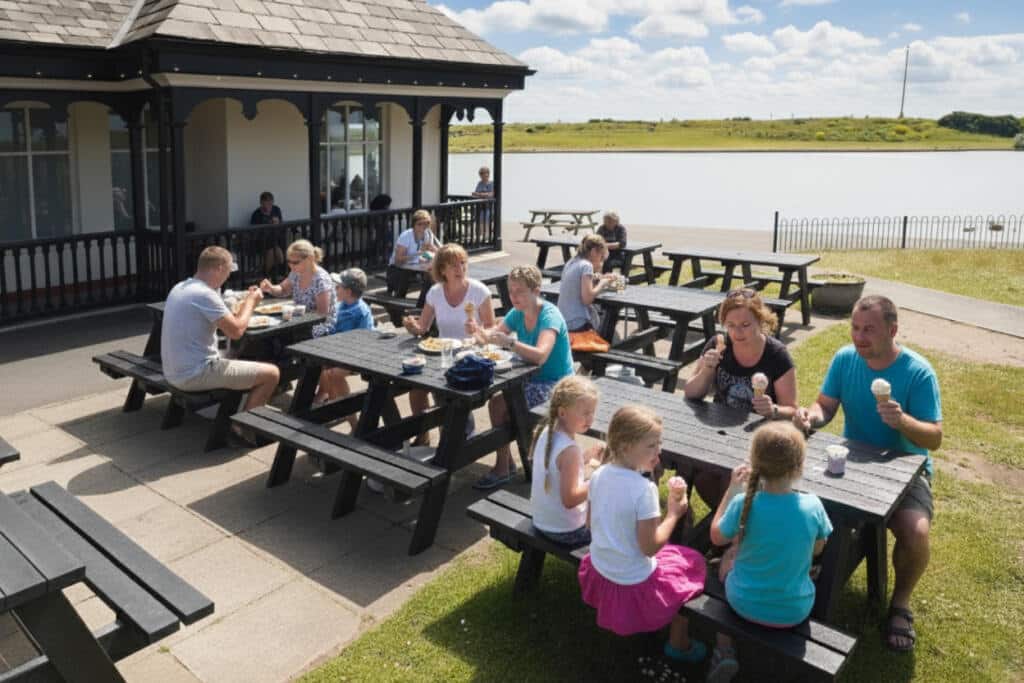 Families enjoying ice cream by lake on a British Recyled Plastic denholme picnic table
