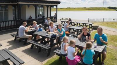 Families enjoying ice cream by lake on a British Recyled Plastic denholme picnic table
