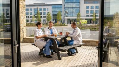 Doctors and nurse enjoying a break on a British Recyled Plastic denholme picnic table