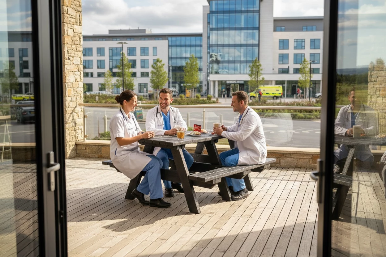 Doctors and nurse enjoying a break on a British Recyled Plastic denholme picnic table