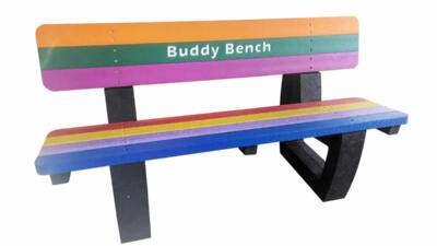 Cut-out of a multicoloured recycled plastic children bench