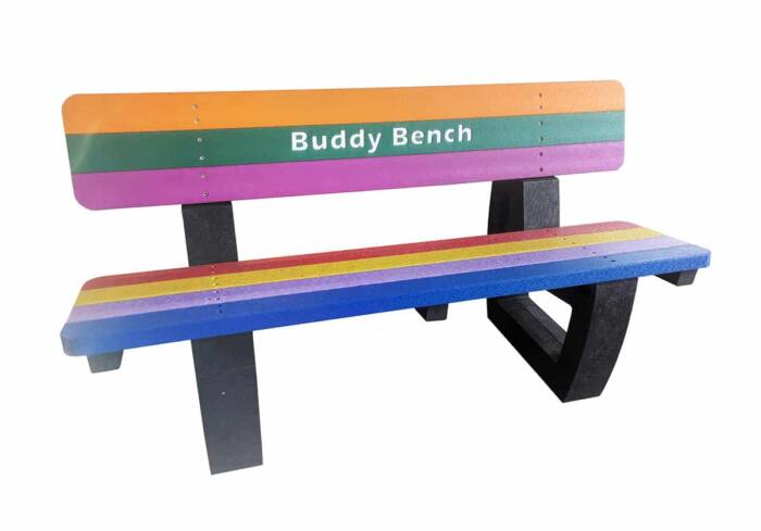 web-buddy-bench-white-bkgd-02 Cut-out of a multicoloured recycled plastic children bench