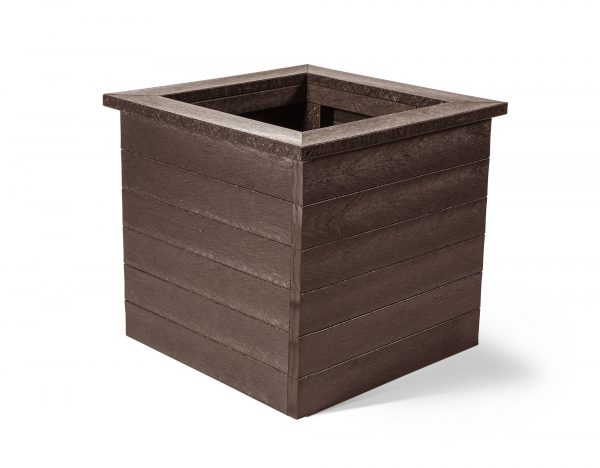 An empty Haworth recycled plastic planter in brown