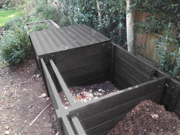 A Callis heavy duty recycled plastic triple compost bin, shown with an optional lid