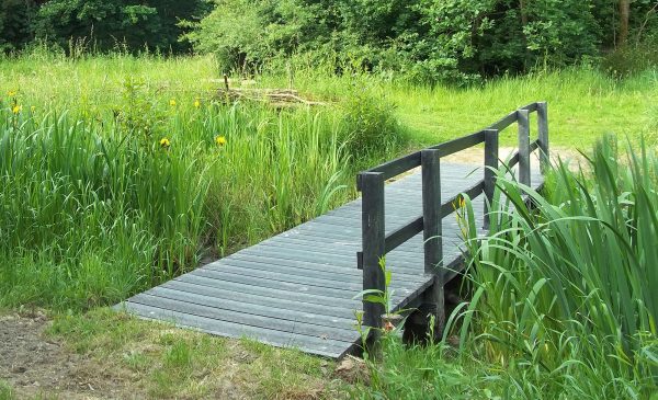 A recycled plastic boardwalk built by volunteers to use as a bridge across a stream