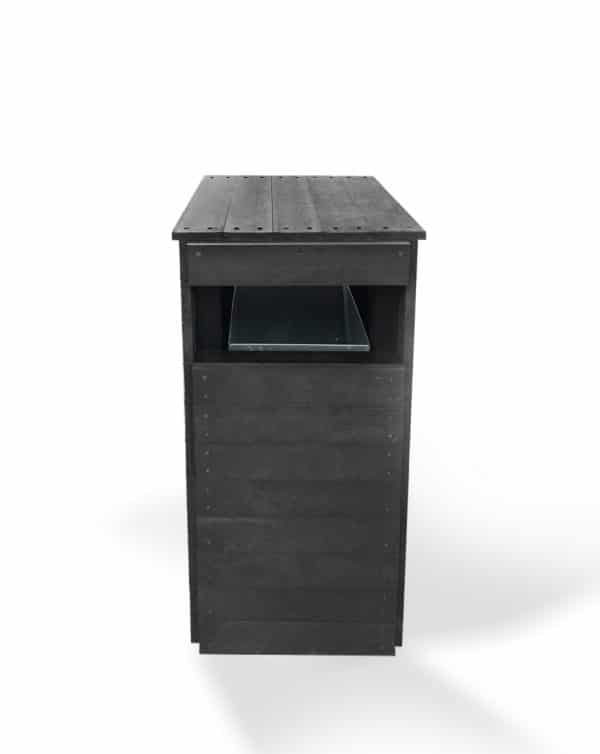 A recycled plastic plain litter or recycling bin with a steel insert seen from the front in black