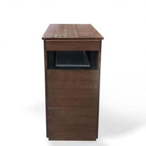 A recycled plastic plain litter or recycling bin with a steel insert seen from the front in brown