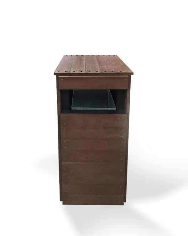 A recycled plastic plain litter or recycling bin with a steel insert seen from the front in brown