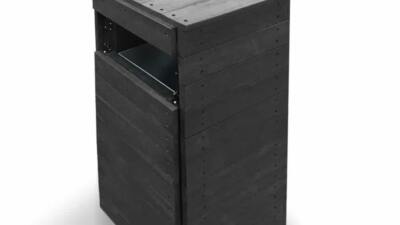 A recycled plastic plain litter or recycling bin with a steel insert three-quarter view in black