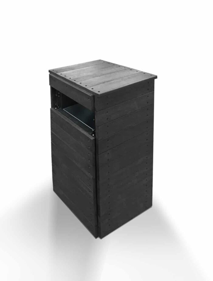 A recycled plastic plain litter or recycling bin with a steel insert three-quarter view in black