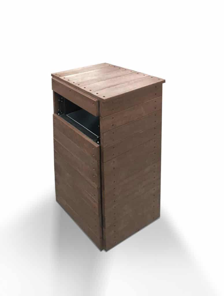 A recycled plastic litter bin or recycling bin with a steel insert three-quarter view in brown