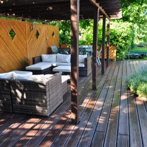 Brown recycled plastic rot-proof decking with a 25 year guarantee