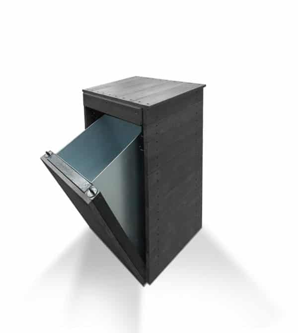 A recycled plastic plain litter or recycling bin with a steel insert showing the draw open in black
