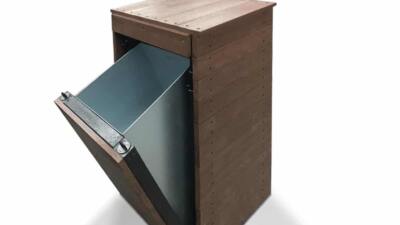 A recycled plastic plain litter or recycling bin with a steel insert showing the draw open in brown