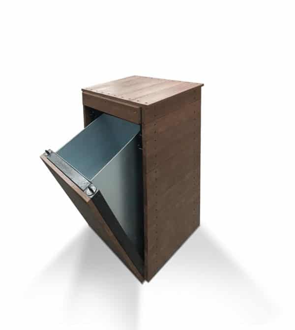 A recycled plastic plain litter or recycling bin with a steel insert showing the draw open in brown