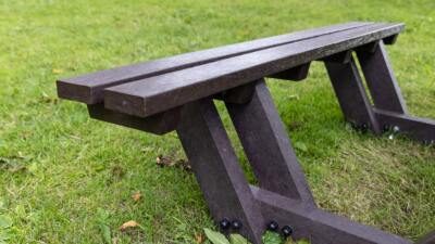 Recycled plastic Batley easy access picnic table seat rake detail at Queens Park, Bolton