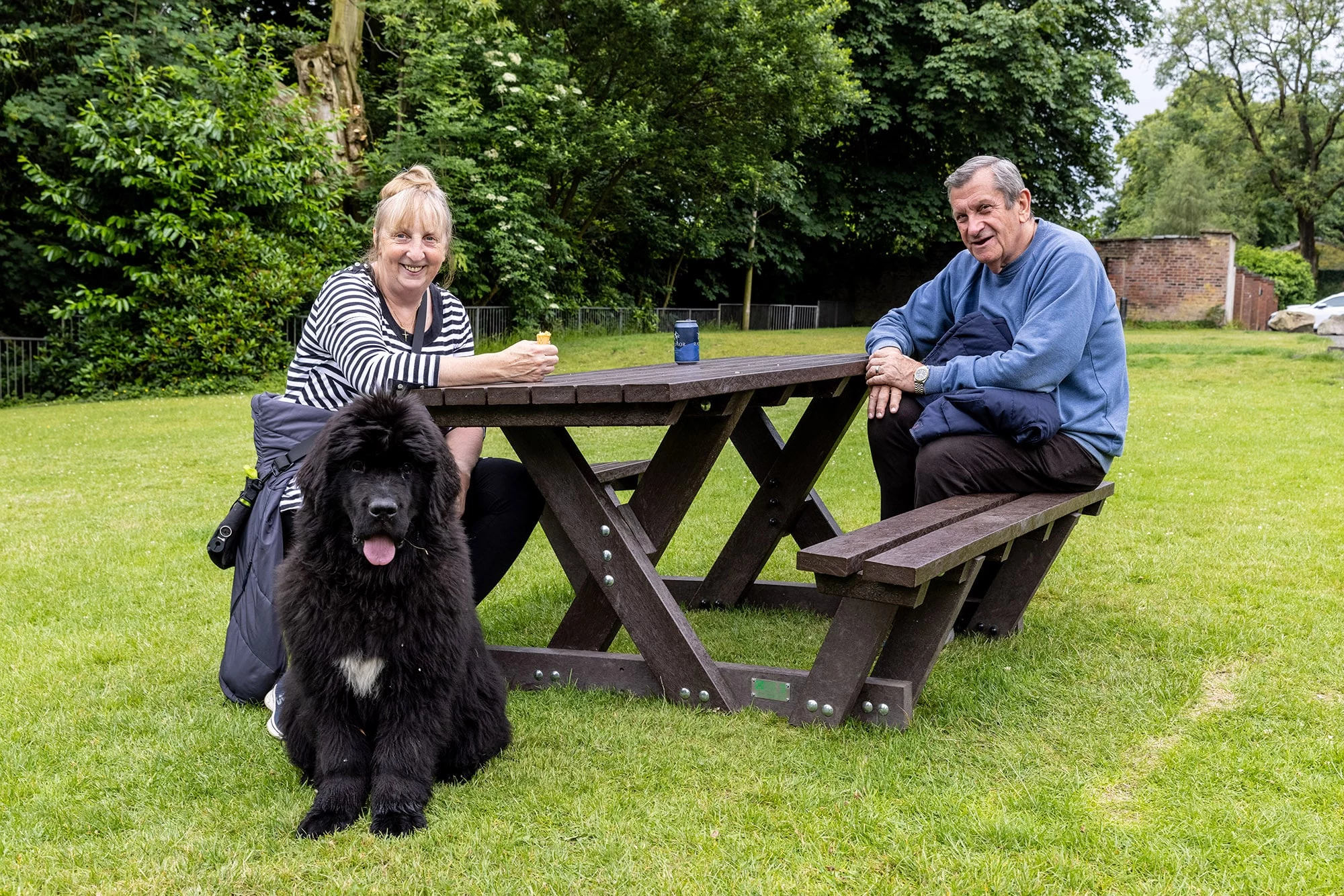 Recycled plastic Batley reduced mobility picnic table with couple and Newfie at Moss Bank Park, Bolton. The design means that users do not need to lift their legs too high to gain access.