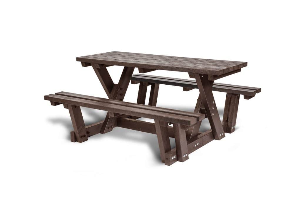 The Batley recycled plastic walkthrough picnic table is part of our accessibility range, seen here in brown