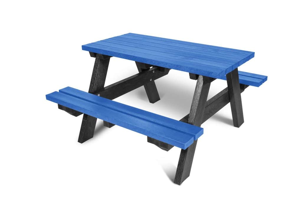 The Holmfirth junior recycled plastic A-frame picnic table in blue, suitable for infant and junior schools