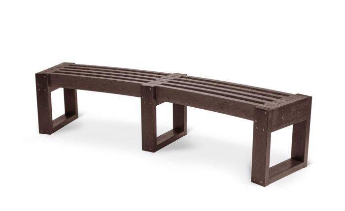 A Skipton Curved recycled plastic bench in brown