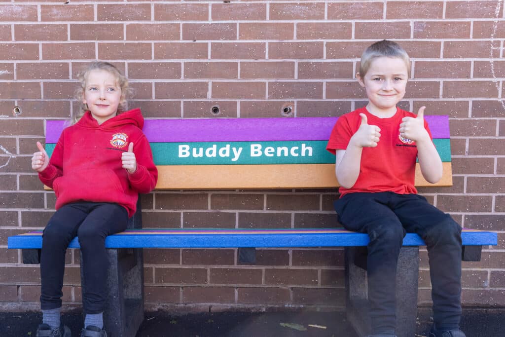 The recycled plastic Buddy Bench is very poplar with schools to help combat isolation and loneliness.