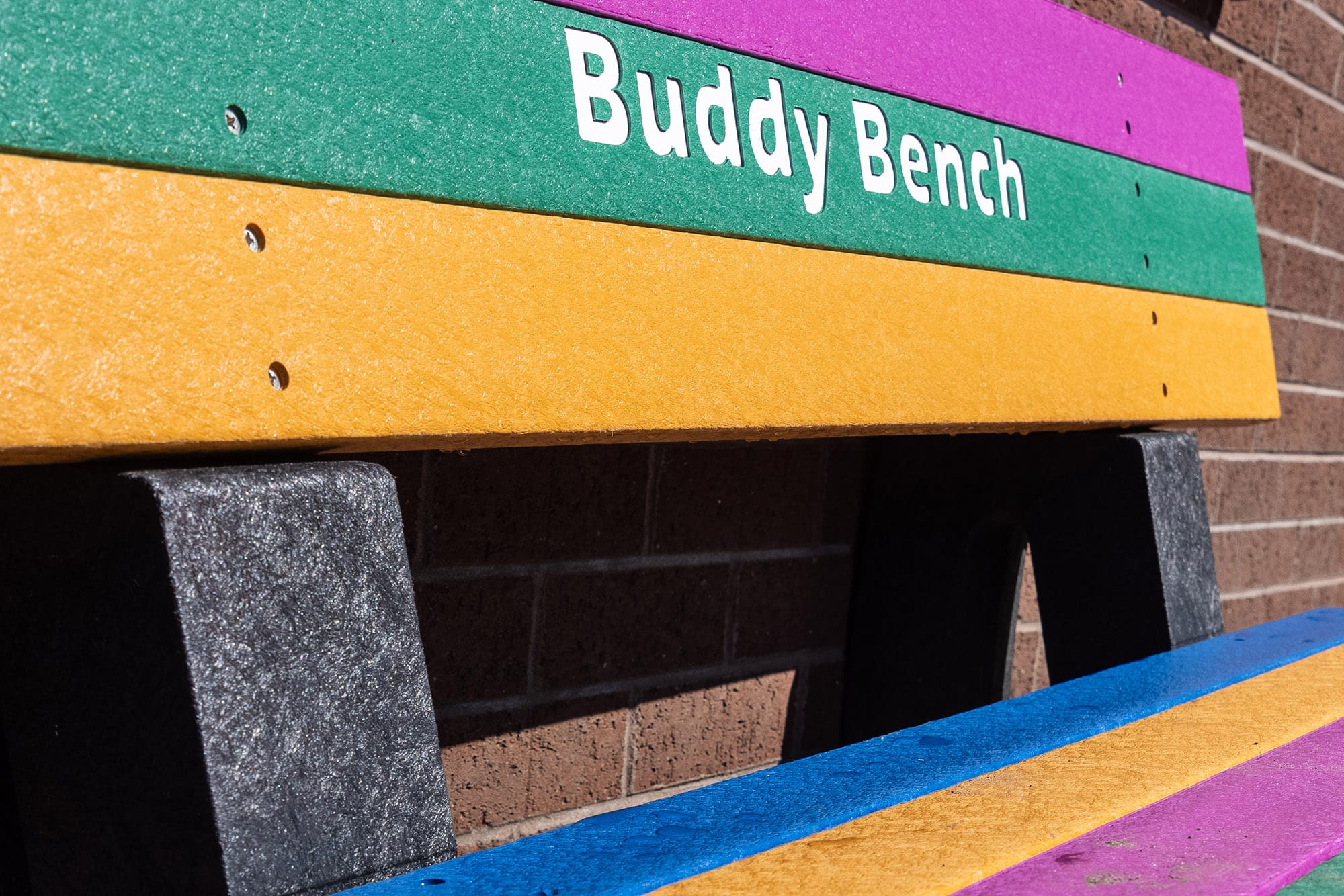 The recycled plastic Buddy Bench is very poplar with schools to help combat isolation and loneliness.